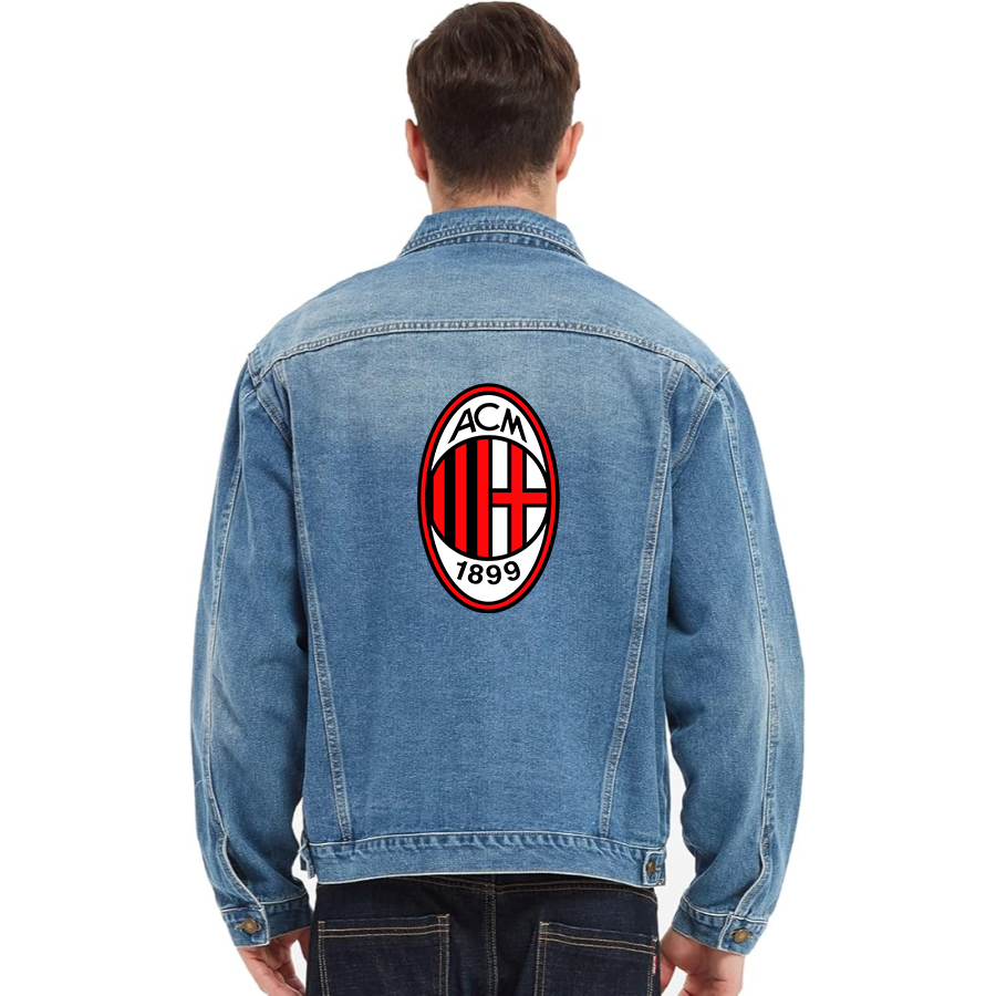 Men’s AC Milan Soccer  - Vintage Distressed Denim Jacket – Stylish Casual Jean Outerwear