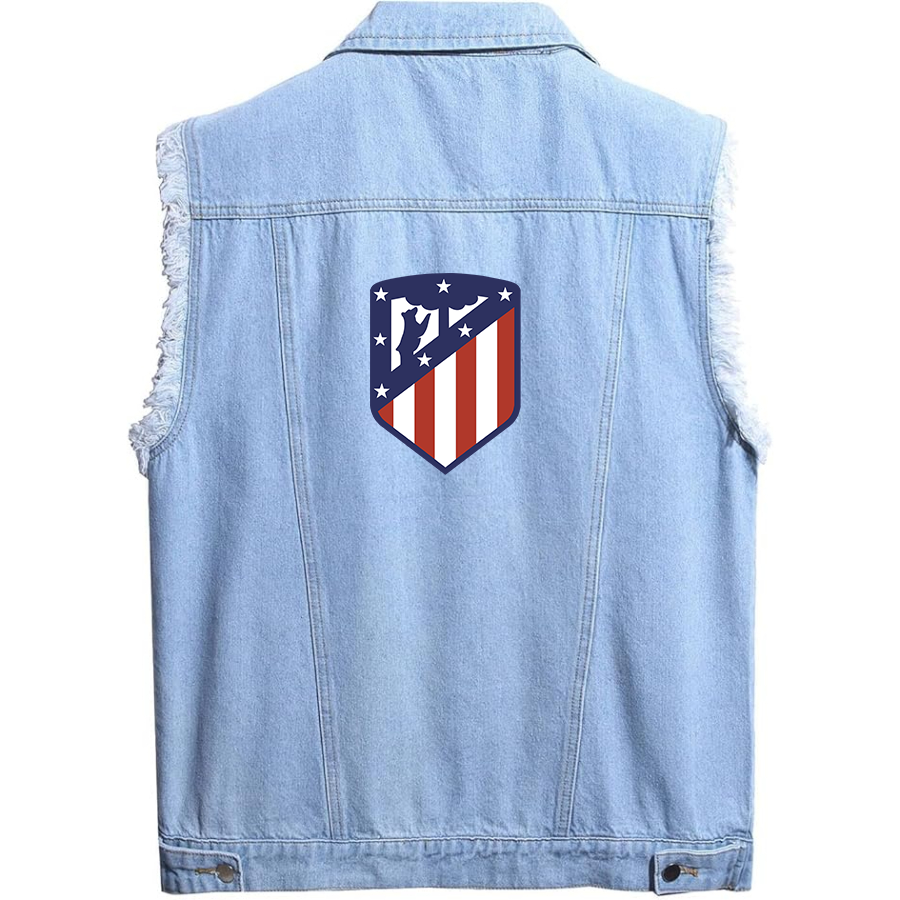 Men's Atletico Madrid FC - Sleeveless Distressed Denim Vest – Rugged Black Jean Jacket