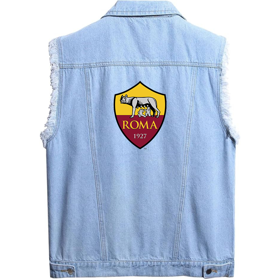 Men’s AS Roma FC  - Sleeveless Distressed Denim Vest – Rugged Black Jean Jacket