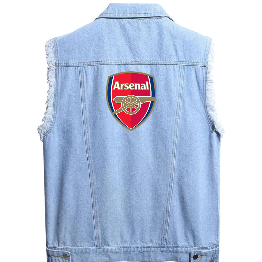 Men's Arsenal Soccer  - Sleeveless Distressed Denim Vest – Rugged Black Jean Jacket