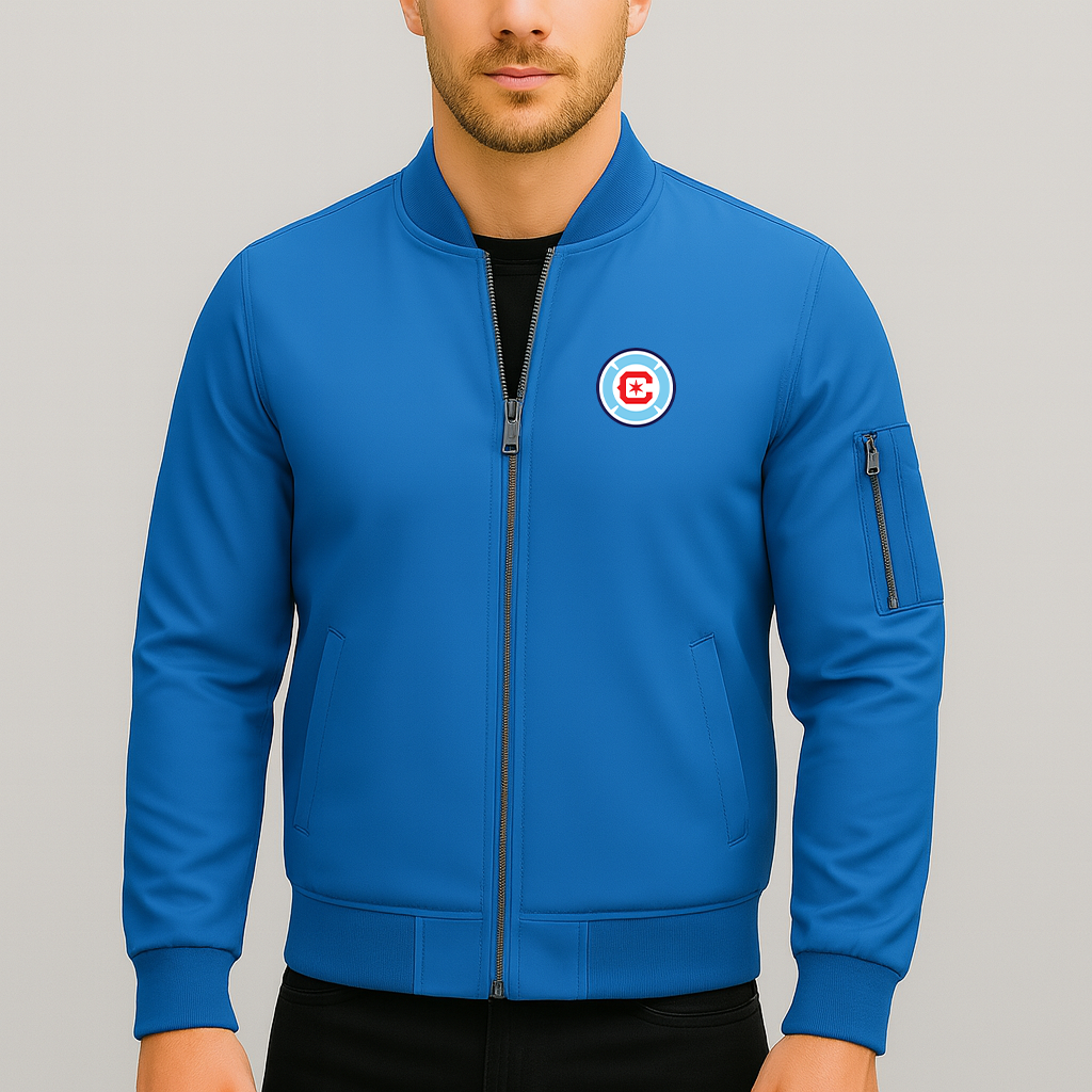 Men's Chicago Fire Soccer Lightweight Bomber Jacket Windbreaker Softshell Varsity Jacket Coat