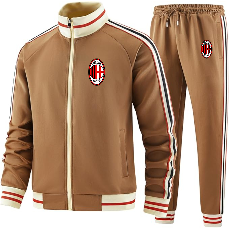 Men's AC Milan Soccer  - Premium Two-Piece Designer Tracksuit with Bold Striped Accents and Zippered Front - Elevated Athletic Wear