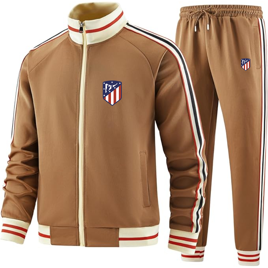 Men's Atletico Madrid FC- Premium Two-Piece Designer Tracksuit with Bold Striped Accents and Zippered Front - Elevated Athletic Wear