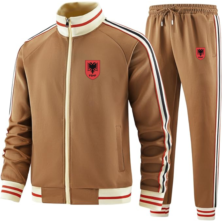 Men's Albania National Soccer Team  - Premium Two-Piece Designer Tracksuit with Bold Striped Accents and Zippered Front - Elevated Athletic Wear