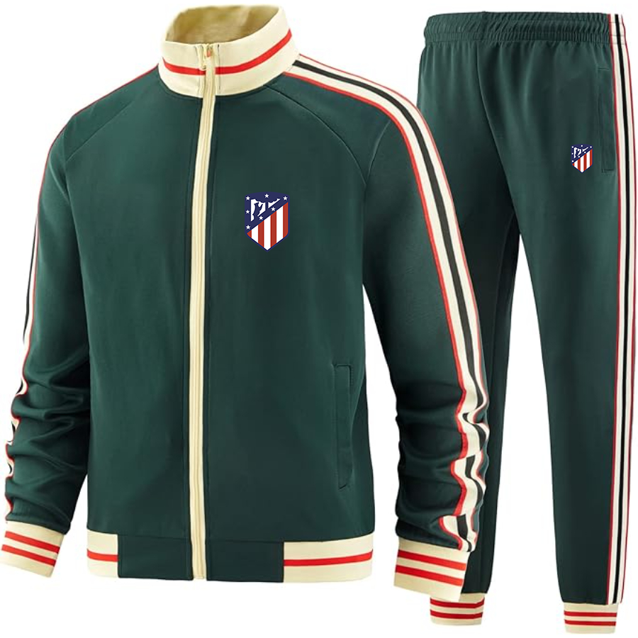 Men's Atletico Madrid FC- Premium Two-Piece Designer Tracksuit with Bold Striped Accents and Zippered Front - Elevated Athletic Wear