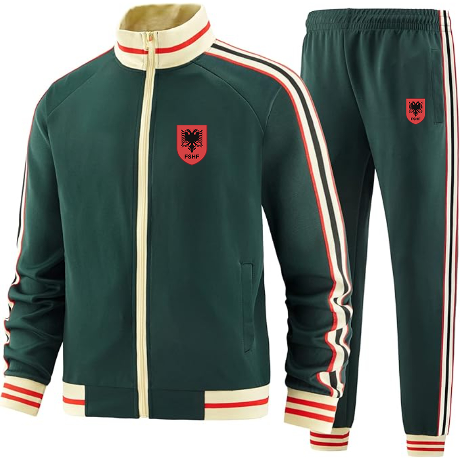 Men's Albania National Soccer Team  - Premium Two-Piece Designer Tracksuit with Bold Striped Accents and Zippered Front - Elevated Athletic Wear