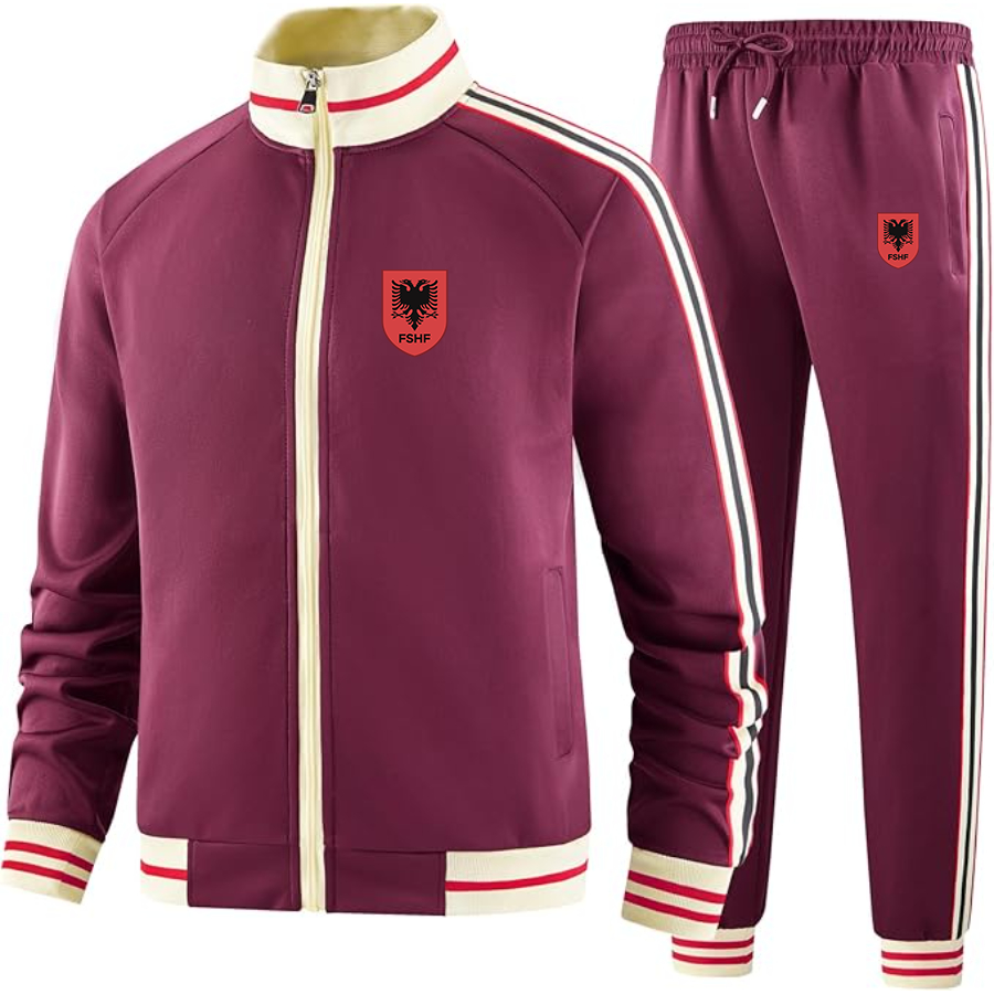 Men's Albania National Soccer Team  - Premium Two-Piece Designer Tracksuit with Bold Striped Accents and Zippered Front - Elevated Athletic Wear