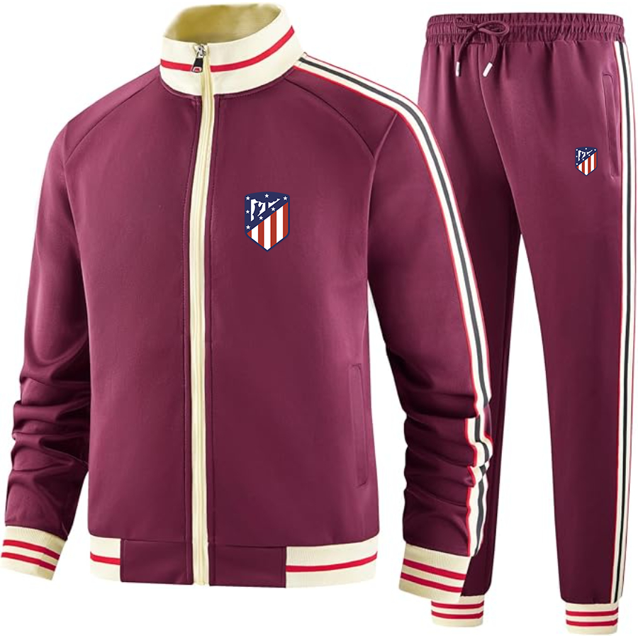 Men's Atletico Madrid FC- Premium Two-Piece Designer Tracksuit with Bold Striped Accents and Zippered Front - Elevated Athletic Wear