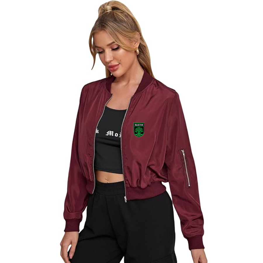 Women's Austin FC - Lightweight Bomber Biker Jacket Zip up Windbreaker Crop Bomber Jacket Coat