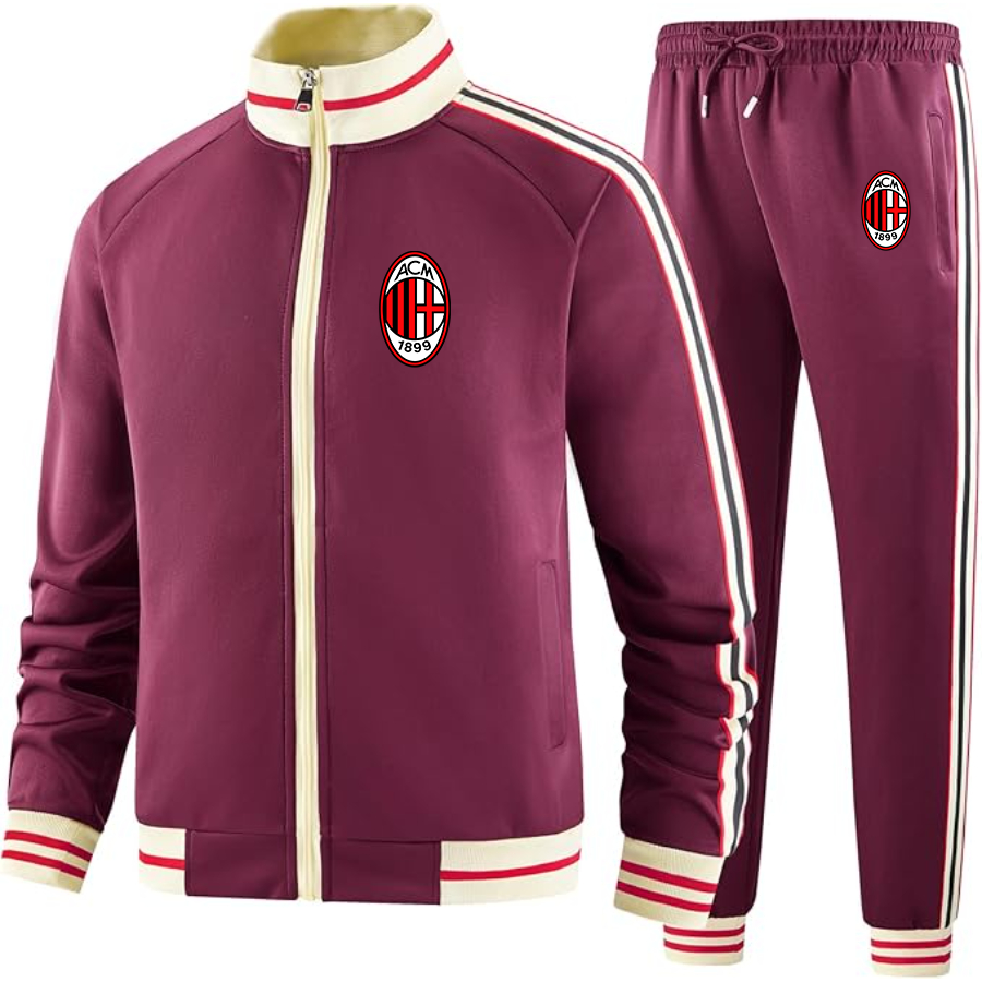 Men's AC Milan Soccer  - Premium Two-Piece Designer Tracksuit with Bold Striped Accents and Zippered Front - Elevated Athletic Wear