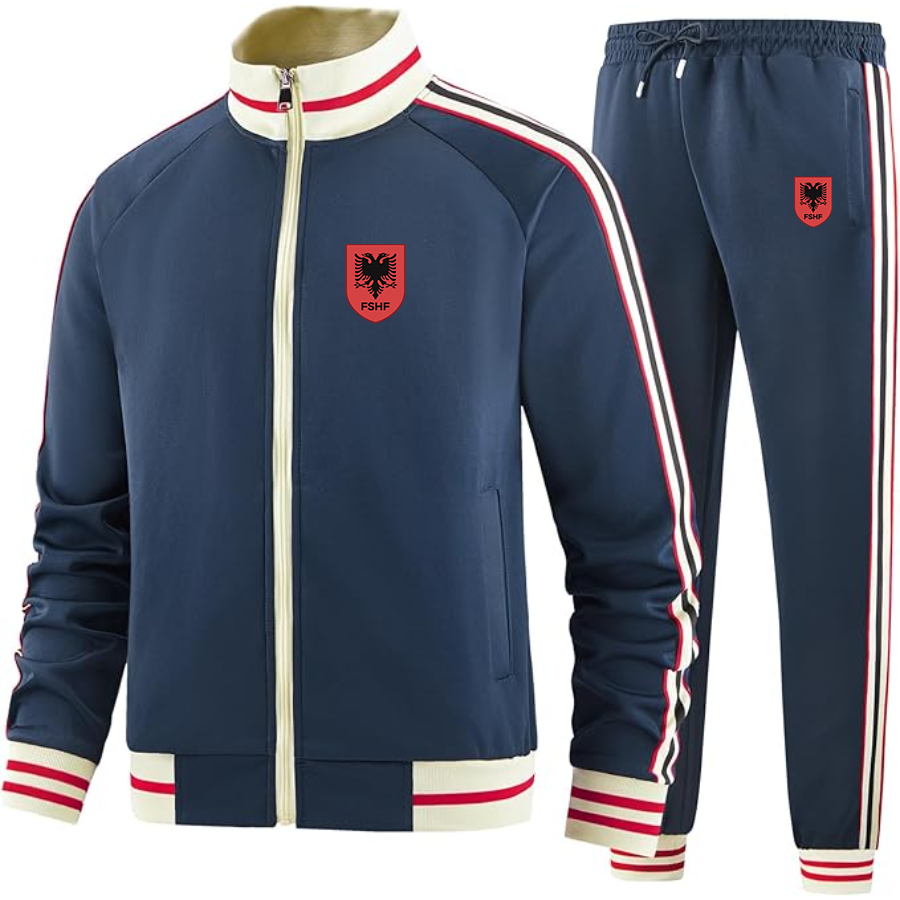 Men's Albania National Soccer Team  - Premium Two-Piece Designer Tracksuit with Bold Striped Accents and Zippered Front - Elevated Athletic Wear