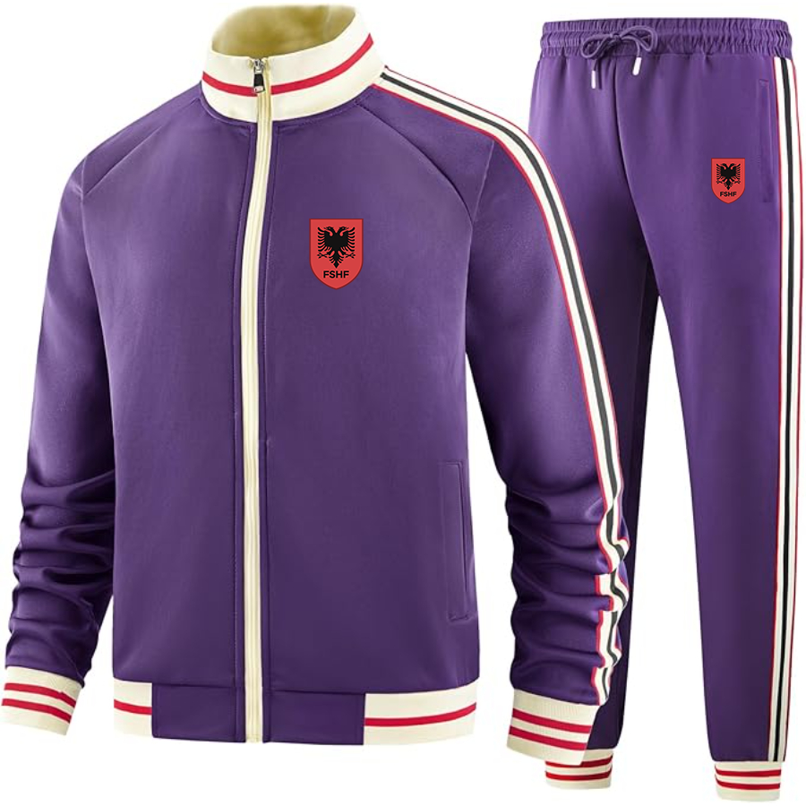 Men's Albania National Soccer Team  - Premium Two-Piece Designer Tracksuit with Bold Striped Accents and Zippered Front - Elevated Athletic Wear