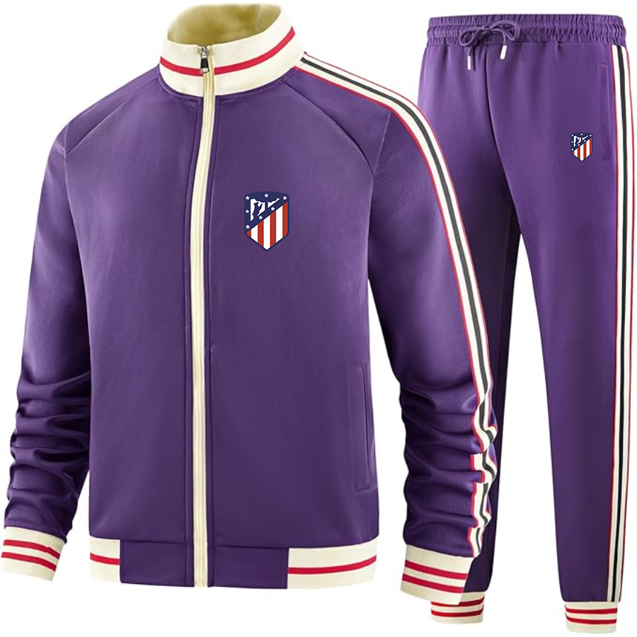 Men's Atletico Madrid FC- Premium Two-Piece Designer Tracksuit with Bold Striped Accents and Zippered Front - Elevated Athletic Wear