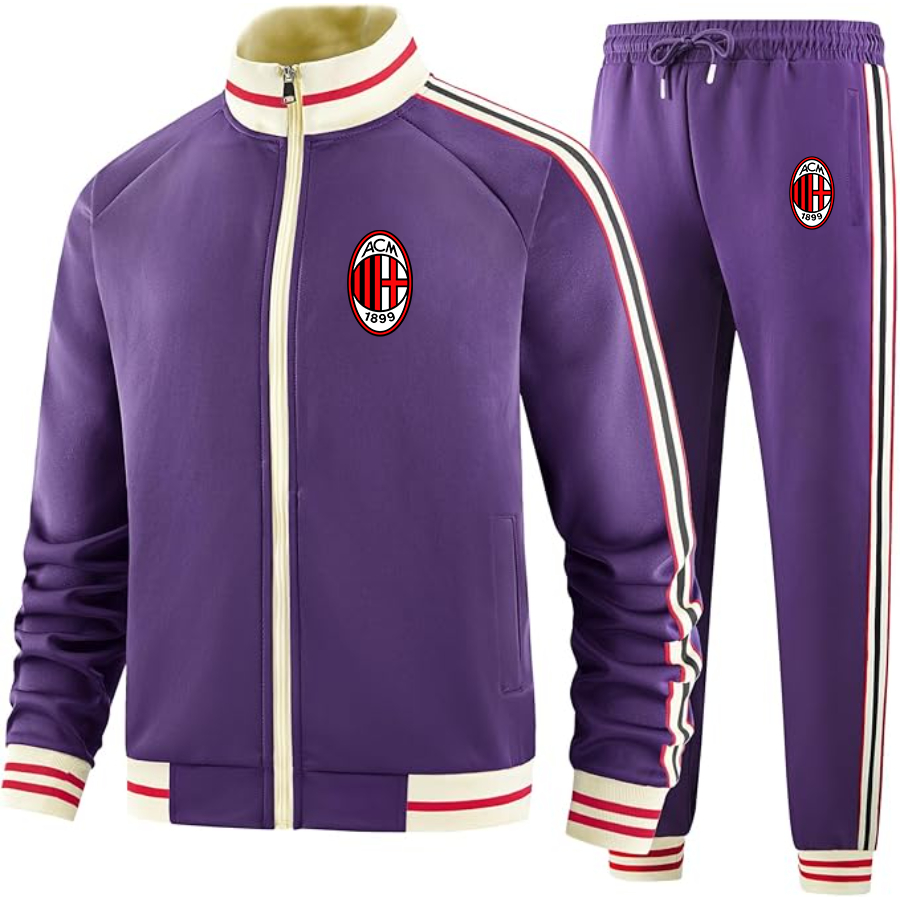 Men's AC Milan Soccer  - Premium Two-Piece Designer Tracksuit with Bold Striped Accents and Zippered Front - Elevated Athletic Wear