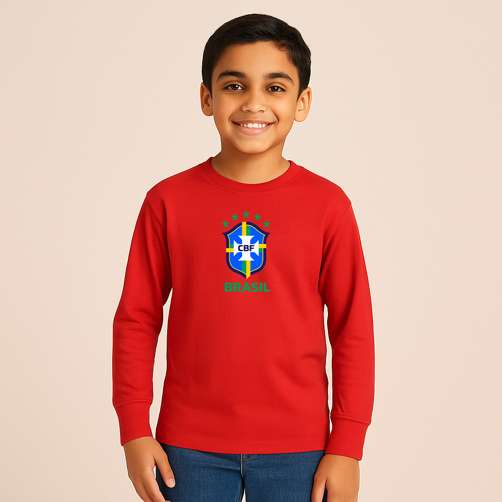 Youth Kids Brasil National Soccer Team Long Sleeve T-Shirt