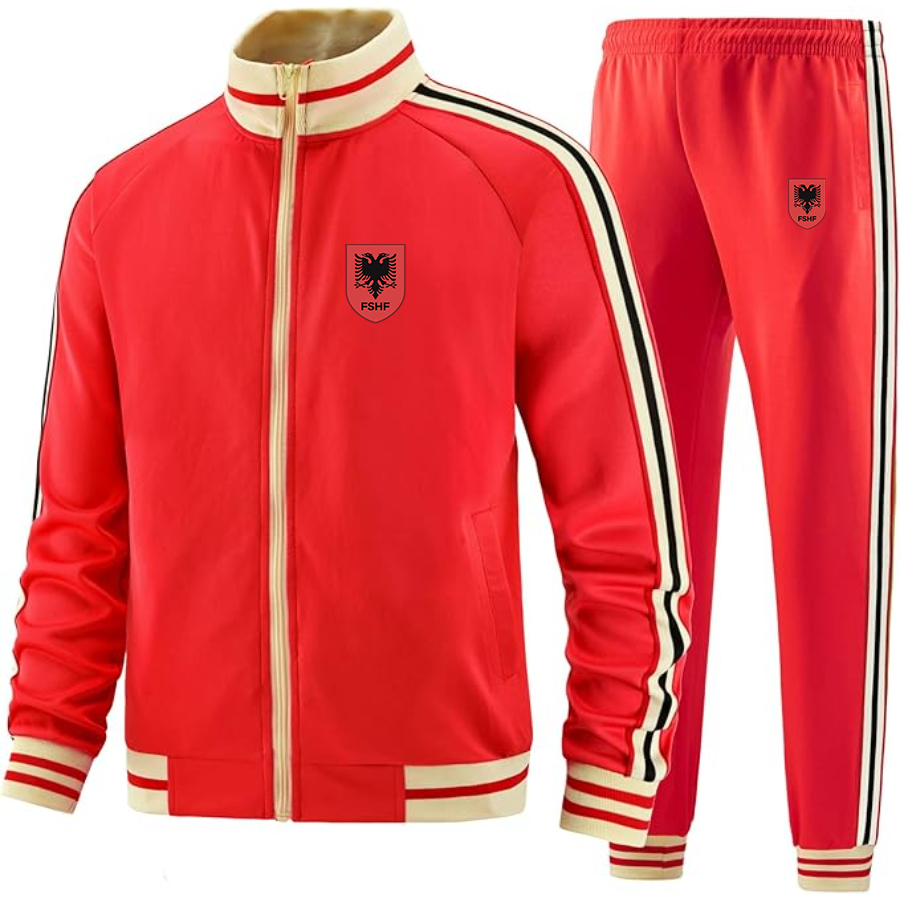 Men's Albania National Soccer Team  - Premium Two-Piece Designer Tracksuit with Bold Striped Accents and Zippered Front - Elevated Athletic Wear