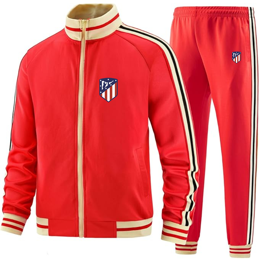 Men's Atletico Madrid FC- Premium Two-Piece Designer Tracksuit with Bold Striped Accents and Zippered Front - Elevated Athletic Wear