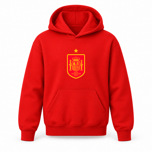 Youth Kids Spain Red Logo National Soccer Team Pullover Hoodie | Color: Red | Refreshed youth hoodie, original Drive artwork