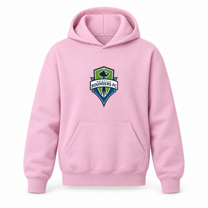 Youth Kids Seattle Sounders FC Pullover Hoodie | Color: Light Pink | Refreshed youth hoodie, original Drive artwork