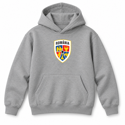 Youth Kids Romania National Soccer Team Pullover Hoodie | Color: Grey | Refreshed youth hoodie, original Drive artwork