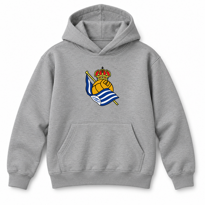 Youth Kids Real Sociedad FC Pullover Hoodie | Color: Grey | Refreshed youth hoodie, original Drive artwork