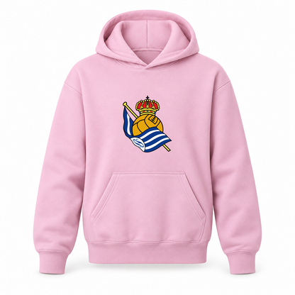 Youth Kids Real Sociedad FC Pullover Hoodie | Color: Light Pink | Refreshed youth hoodie, original Drive artwork