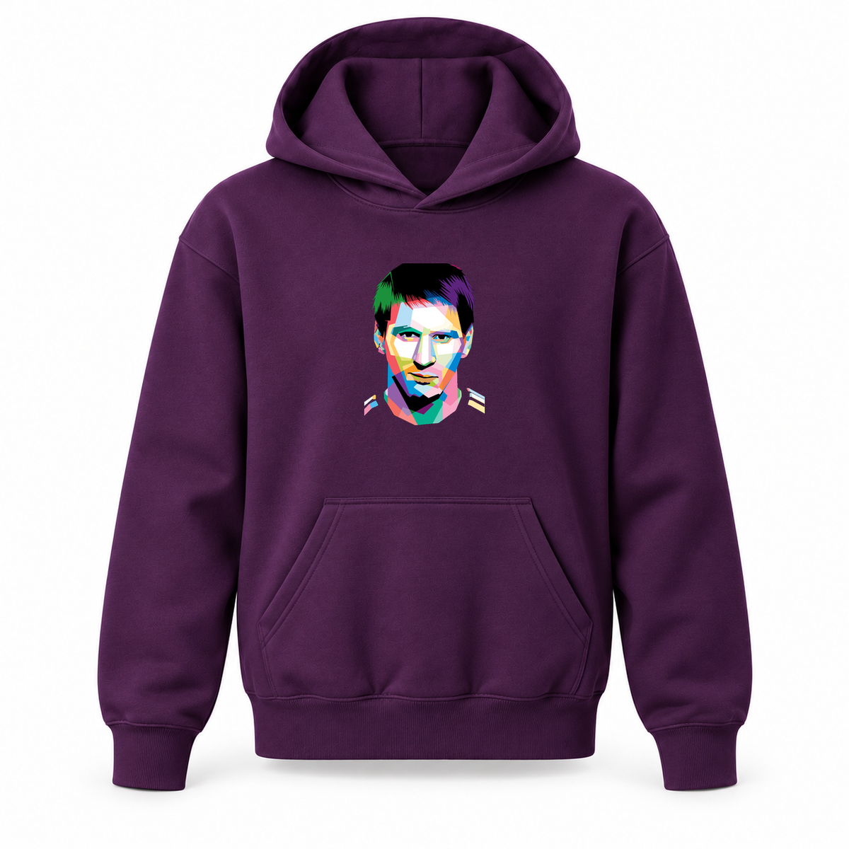 Youth Kids Lionel Messi Face Art Soccer Pullover Hoodie | Color: Purple | Refreshed youth hoodie, original Drive artwork