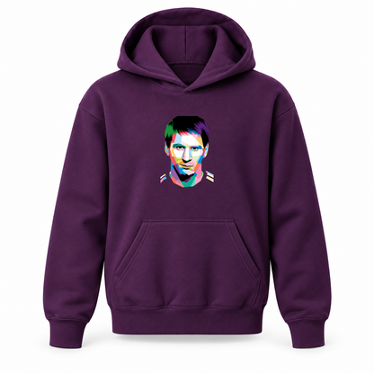 Youth Kids Lionel Messi Face Art Soccer Pullover Hoodie | Color: Purple | Refreshed youth hoodie, original Drive artwork