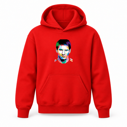 Youth Kids Lionel Messi Face Art Soccer Pullover Hoodie | Color: Red | Refreshed youth hoodie, original Drive artwork