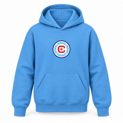 Youth Kids Chicago Fire Soccer Pullover Hoodie | Color: Sky Blue | Refreshed youth hoodie, original Drive artwork