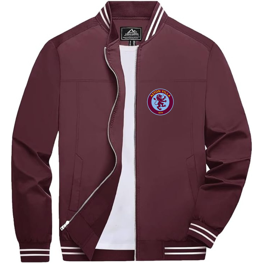 Men's Aston Villa  Lightweight Zip-Up Bomber Jacket with Ribbed Collar and Cuffs - Versatile Casual Outerwear