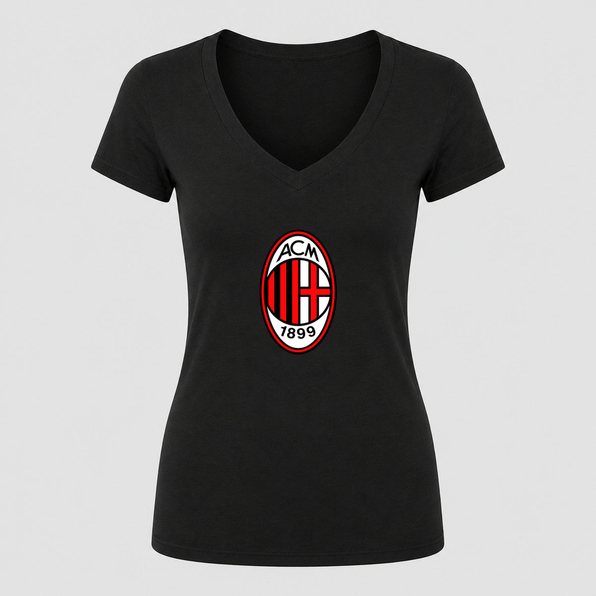 Women's AC Milan Soccer V-Neck T-Shirt | Color: Black | Original artwork on Drive garment