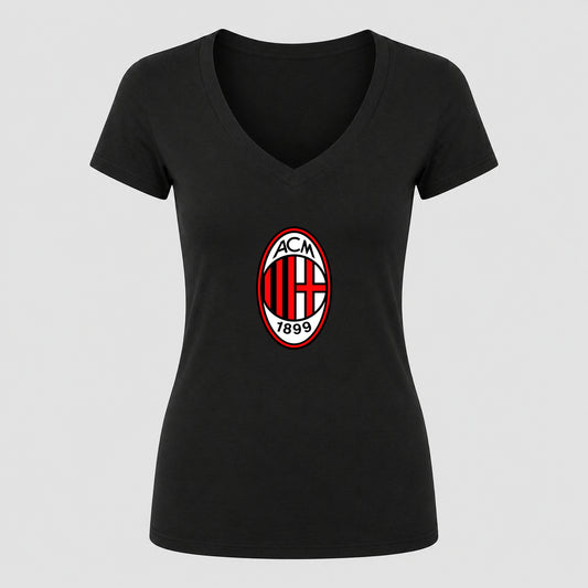 Women's AC Milan Soccer V-Neck T-Shirt | Color: Black | Original artwork on Drive garment