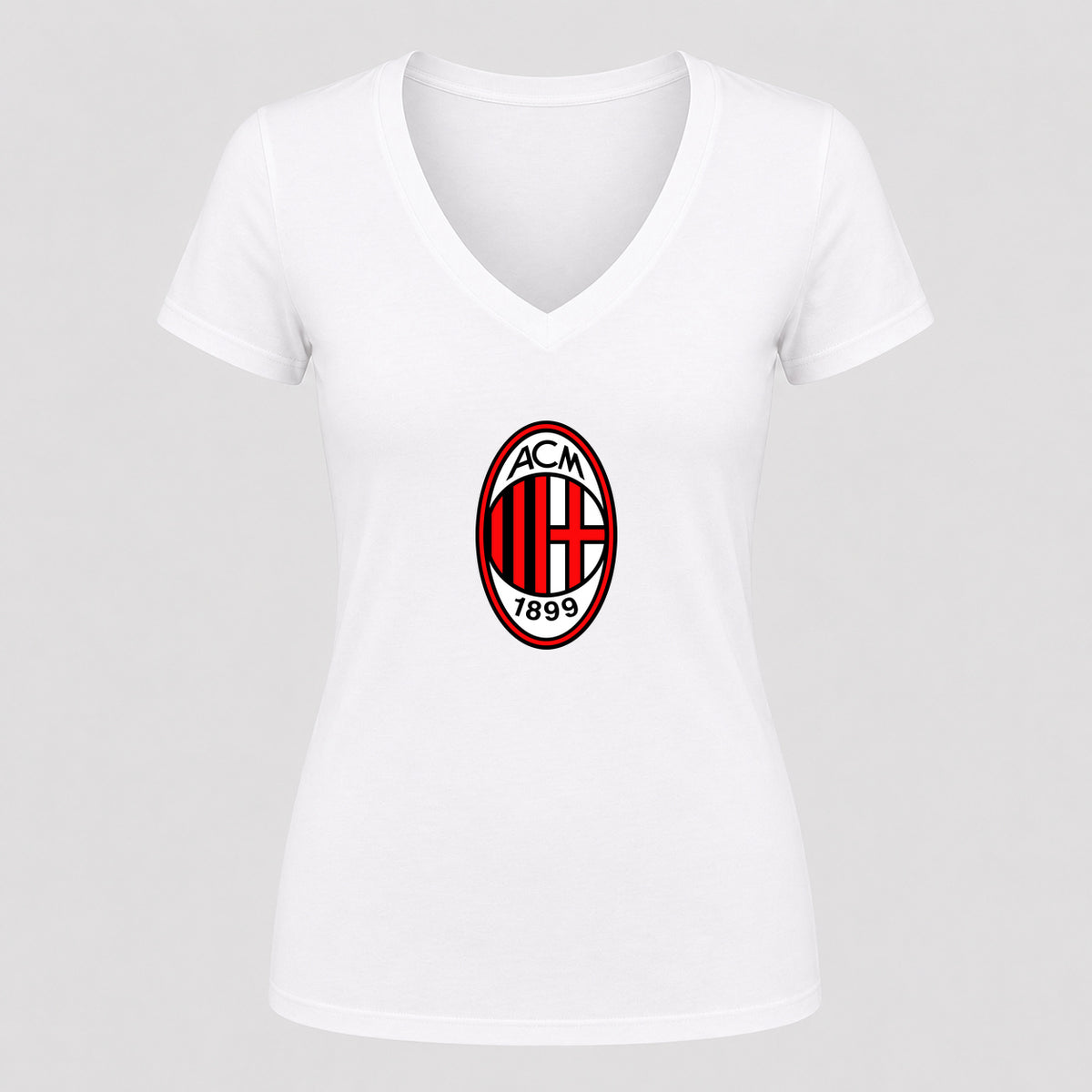 Women's AC Milan Soccer V-Neck T-Shirt | Color: White | Original artwork on Drive garment