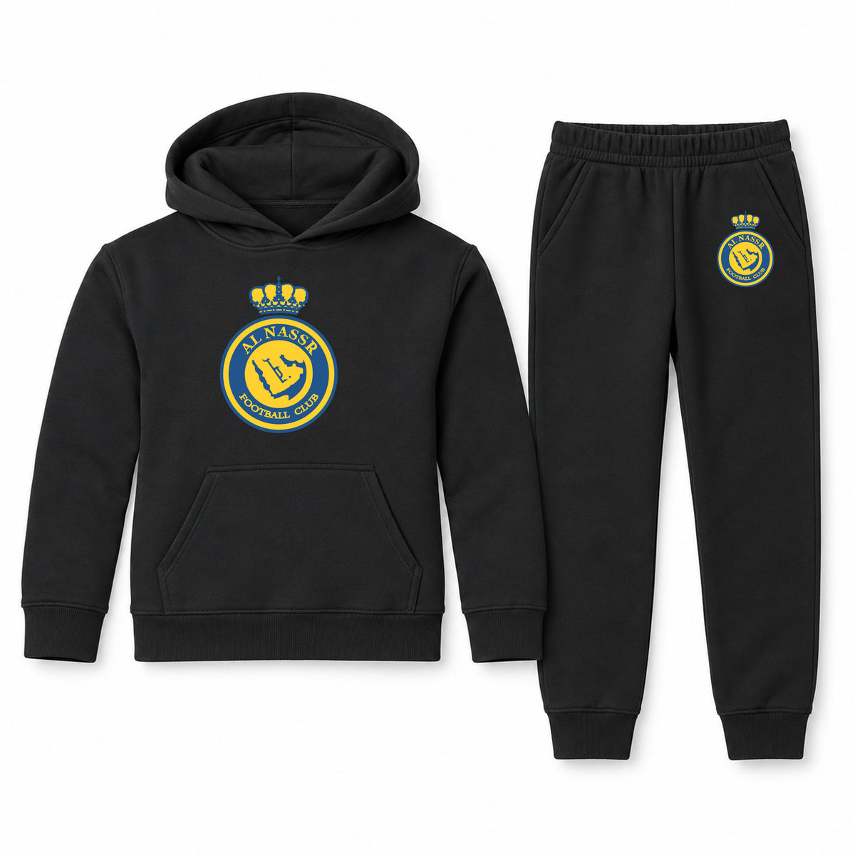 Al Nassr FC youth hoodie jogger set, Black, Youth Large ages 10–12