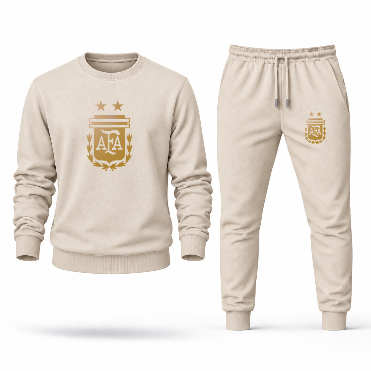 Men's Argentina Soccer Sweatshirt Joggers Set | Color: Tan | Original artwork on Drive garment