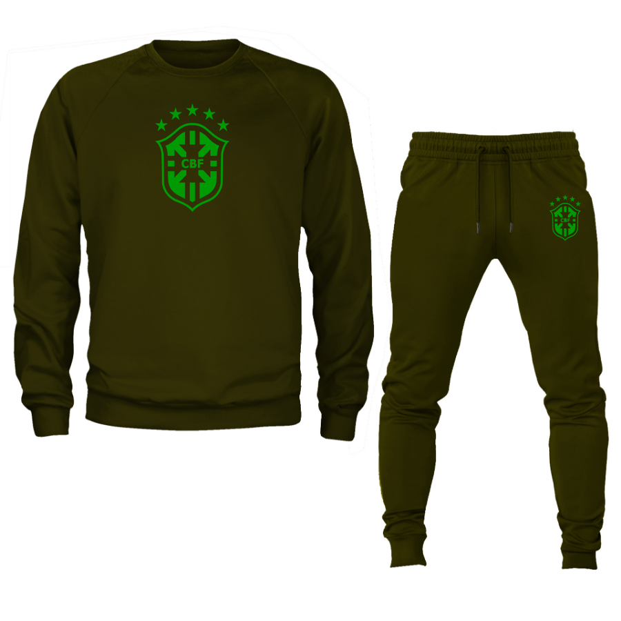 Men's Brazil Soccer Logo Crewneck Sweatshirt Joggers Suit