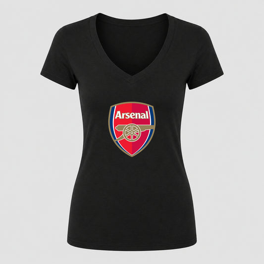 Women's Arsenal Soccer V-Neck T-Shirt | Color: Black | Original artwork on Drive garment