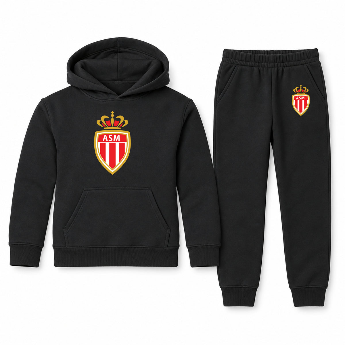 AS Monaco FC youth hoodie jogger set, Black, Youth Large ages 10–12
