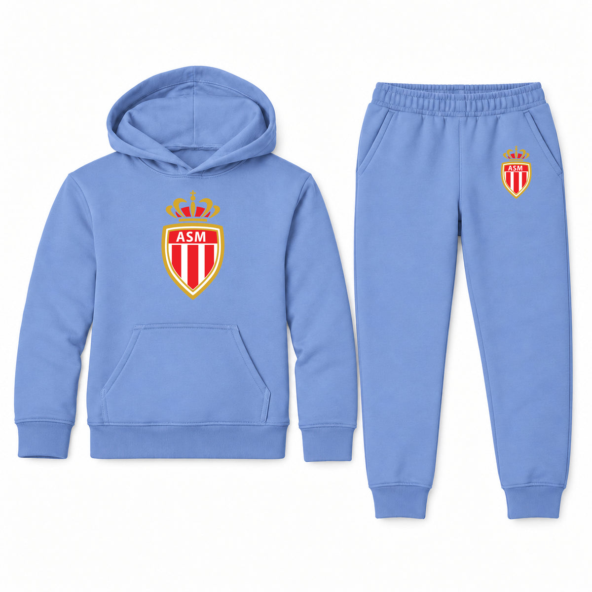 AS Monaco FC youth hoodie jogger set, Carolina Blue, Youth Large ages 10–12