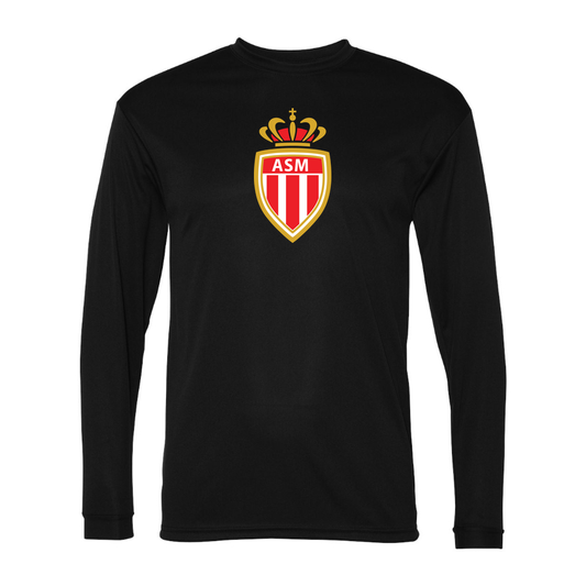 Men's AS Monaco FC Performance Long Sleeve T-Shirt | Color: Black | Original artwork on Drive garment