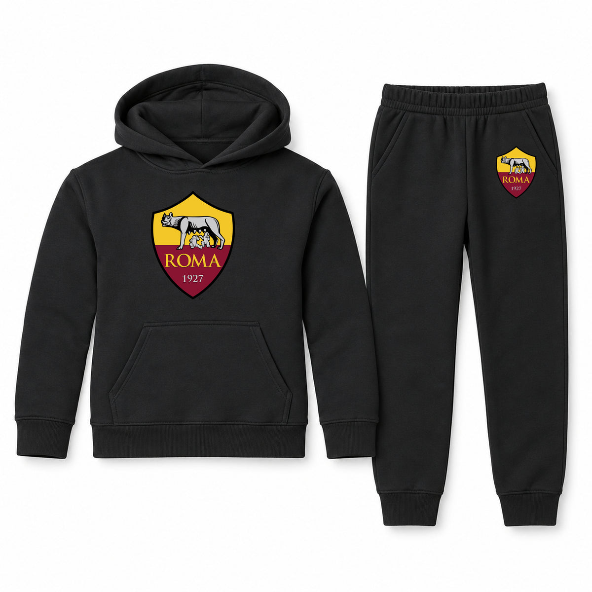 AS Roma FC youth hoodie jogger set, Black, Youth Large ages 10–12