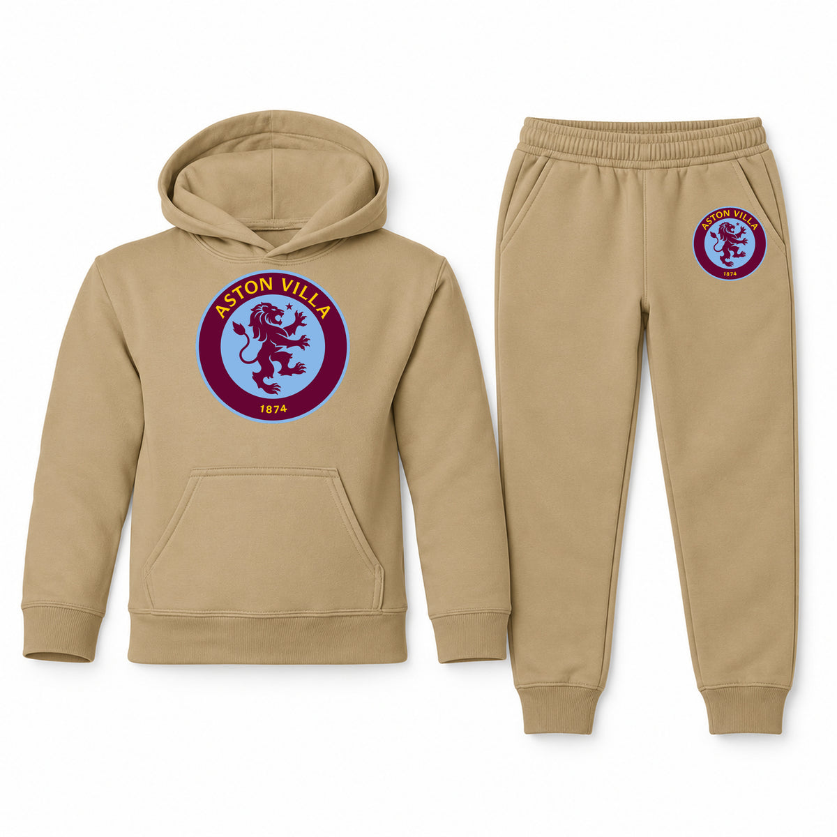 Aston Villa FC youth hoodie jogger set, Khaki, Youth Large ages 10–12