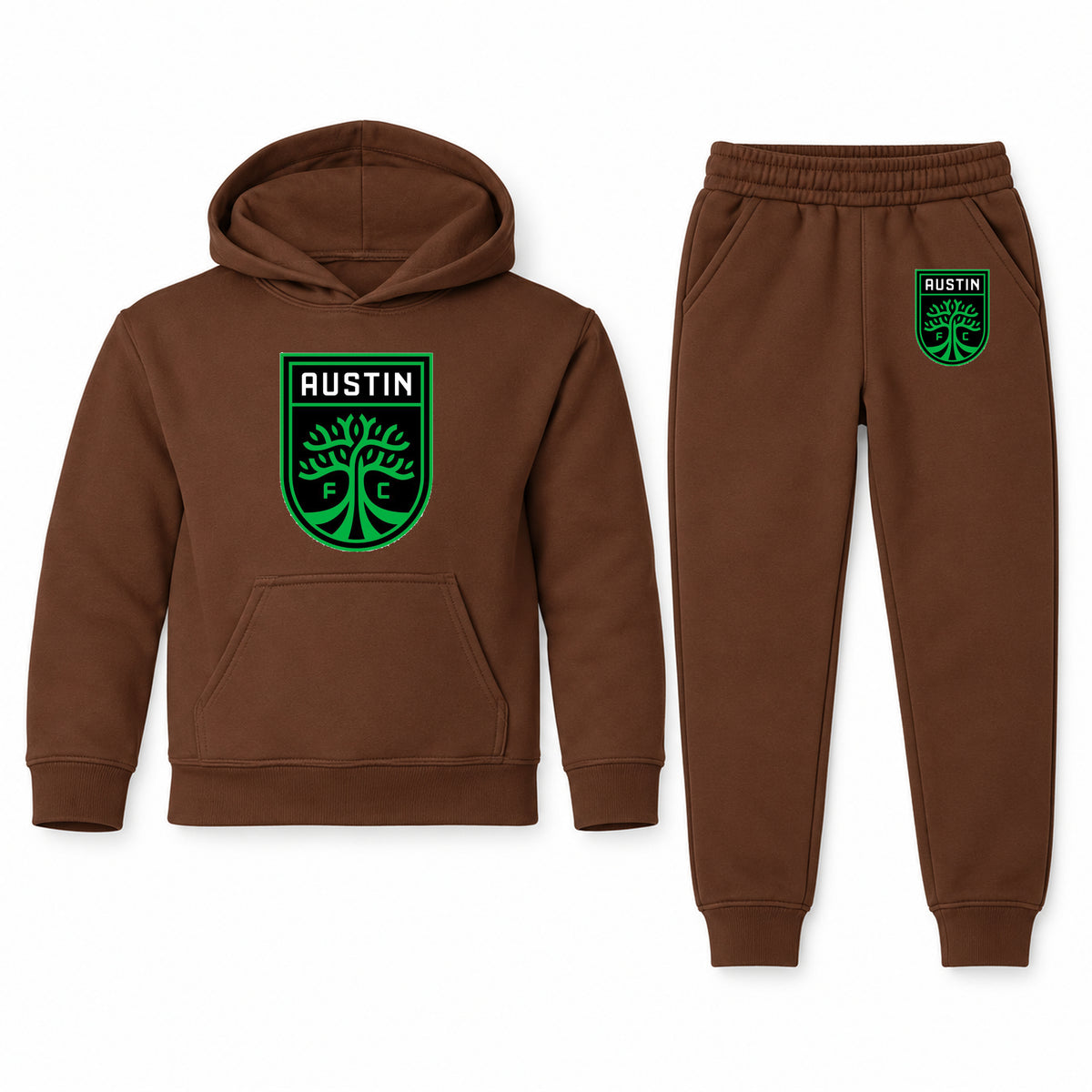 Austin FC youth hoodie jogger set, Brown, Youth Large ages 10–12