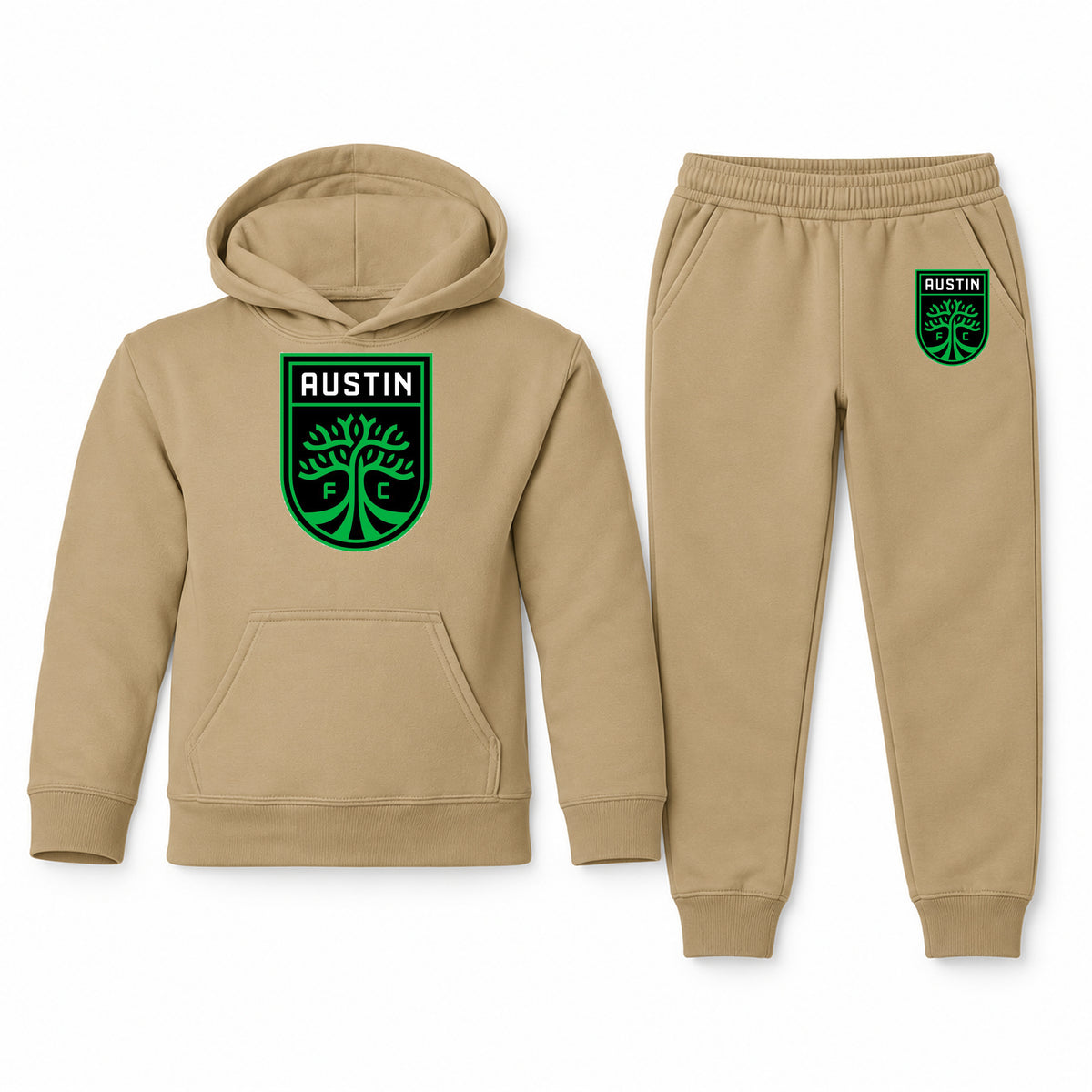 Austin FC youth hoodie jogger set, Khaki, Youth Large ages 10–12