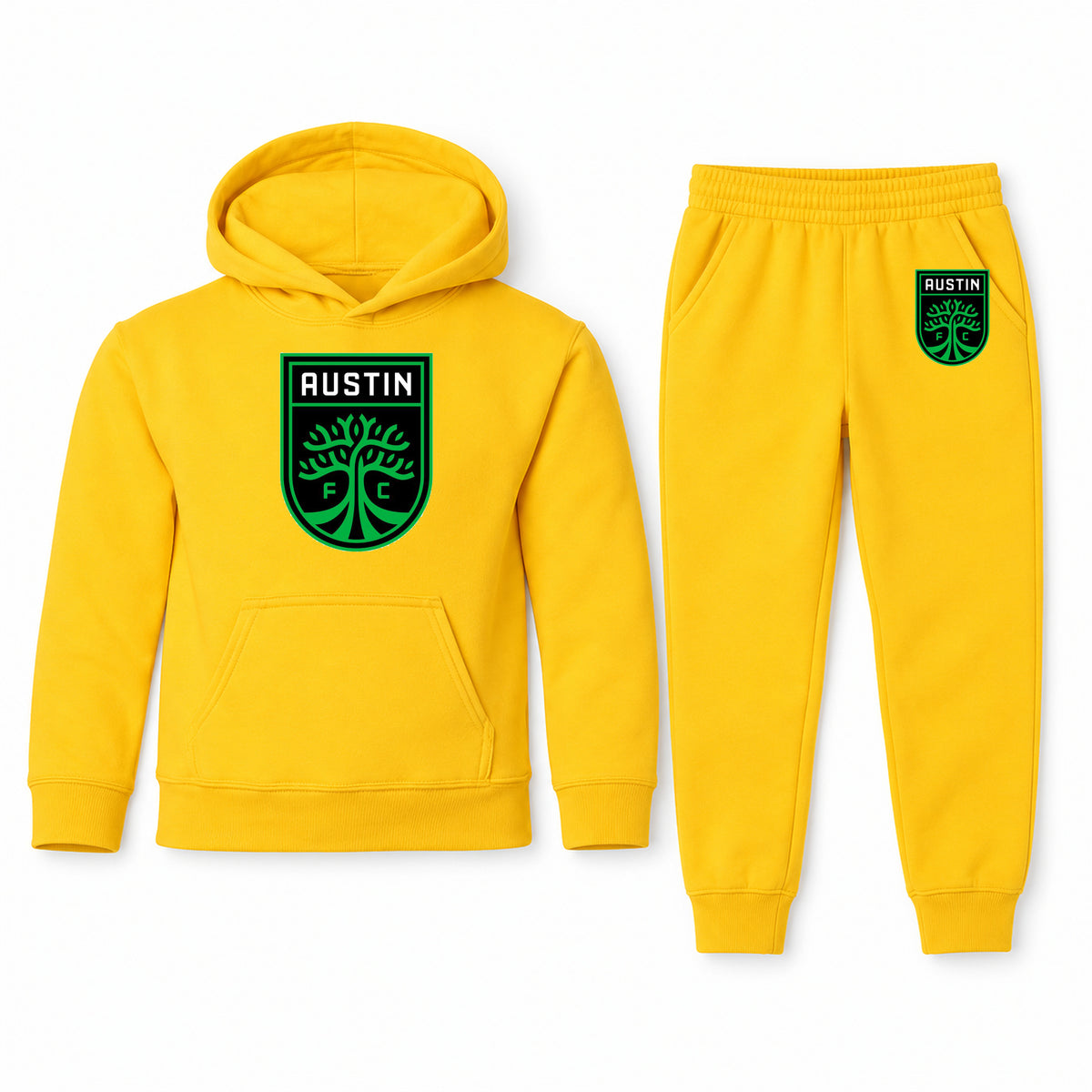 Austin FC youth hoodie jogger set, Yellow, Youth Large ages 10–12