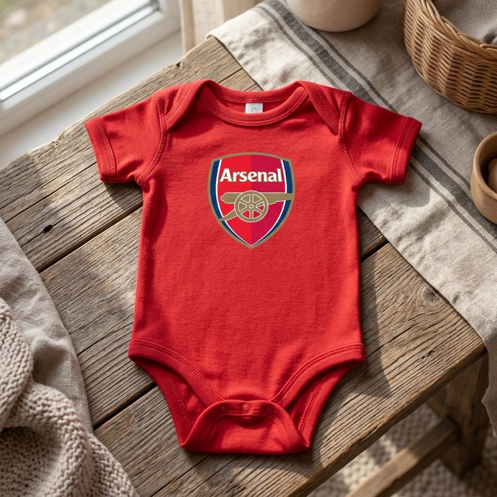 Close-up of Baby Arsenal Soccer Romper Onesie showing fabric texture and heat-pressed front design on a rustic wooden surface.