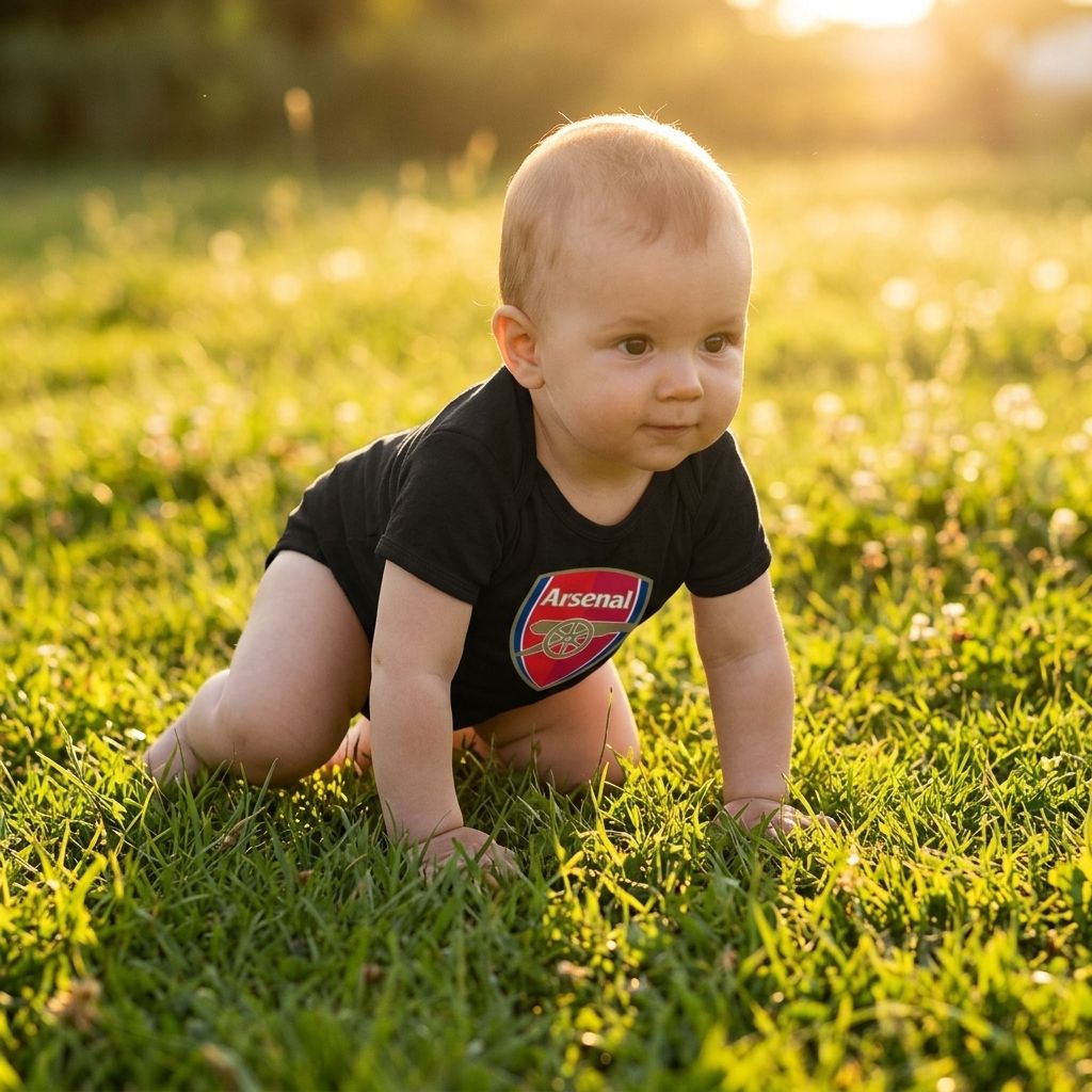 Baby crawling on grass wearing the Soccer Romper Onesie during golden hour, highlighting fabric softness and movement.