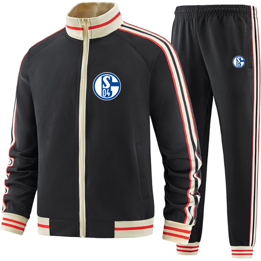 Men's  Schalke 04 FC - Premium Two-Piece Designer Tracksuit with Bold Striped Accents and Zippered Front - Elevated Athletic Wear