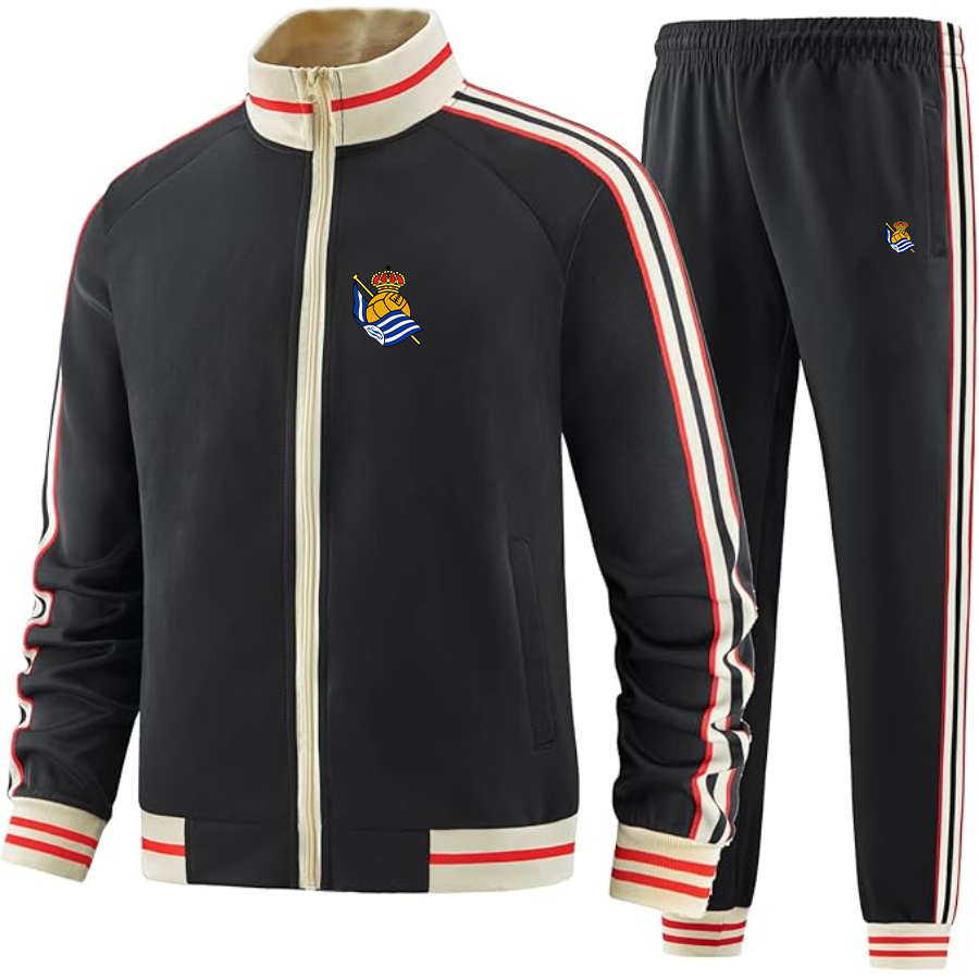 Men's  Real Sociedad FC  - Premium Two-Piece Designer Tracksuit with Bold Striped Accents and Zippered Front - Elevated Athletic Wear